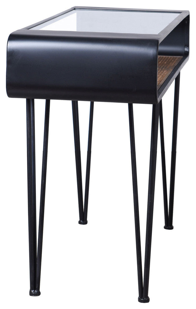 Aaron Console Table Graphite Metal, Clear Glass Top, Rattan Lower Shelf