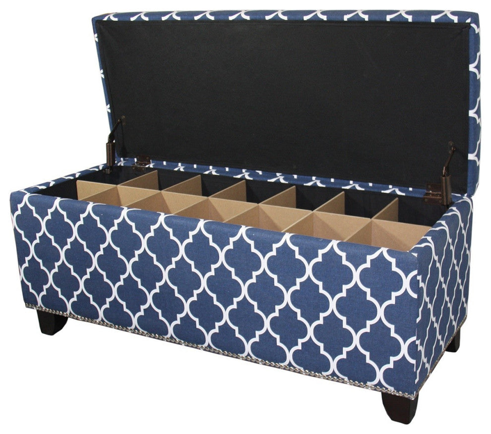 Blue and White Quatrefoil Storage Bench