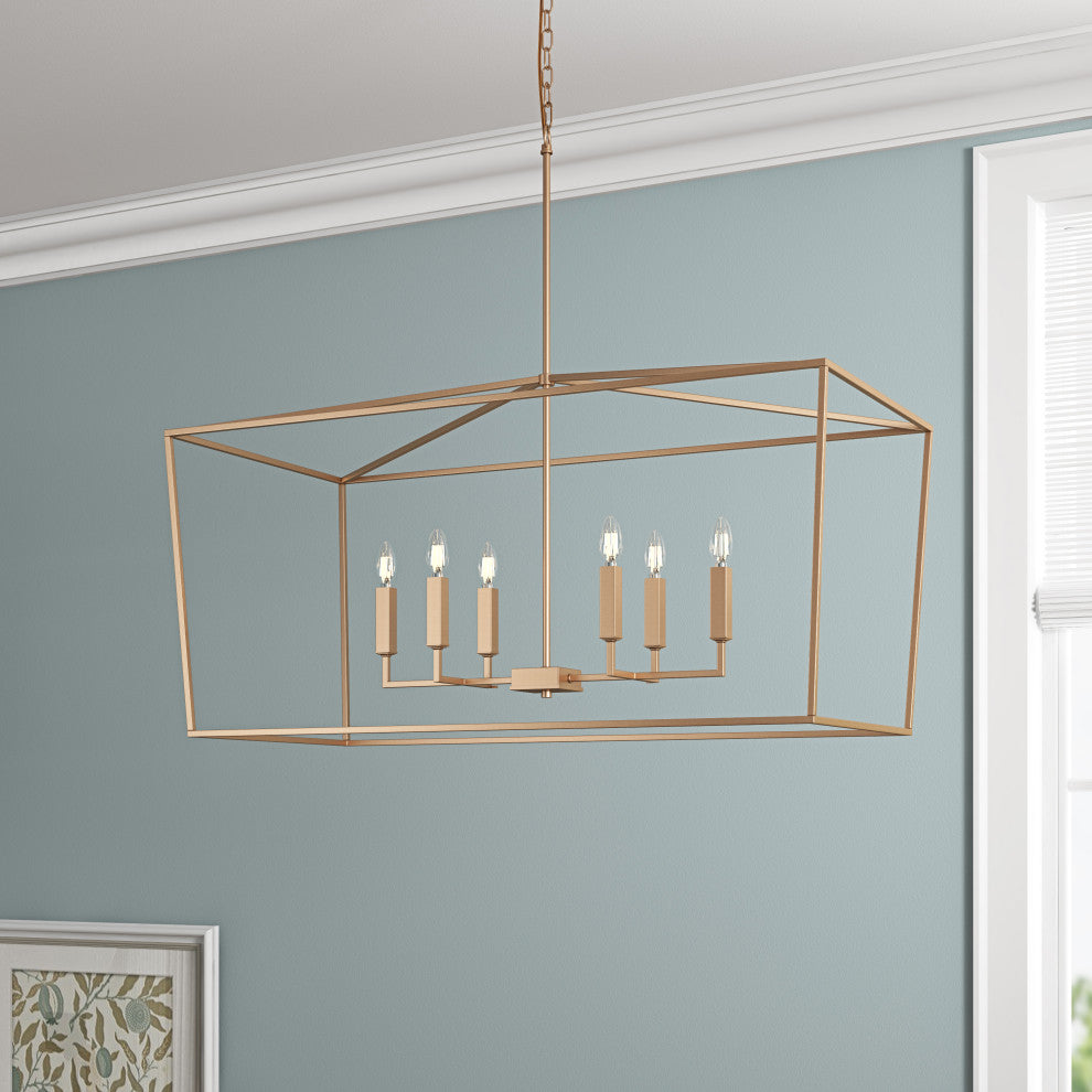Farmhouse 6-Light Rectangular Kitchen Island Chandelier Over Table, Gold
