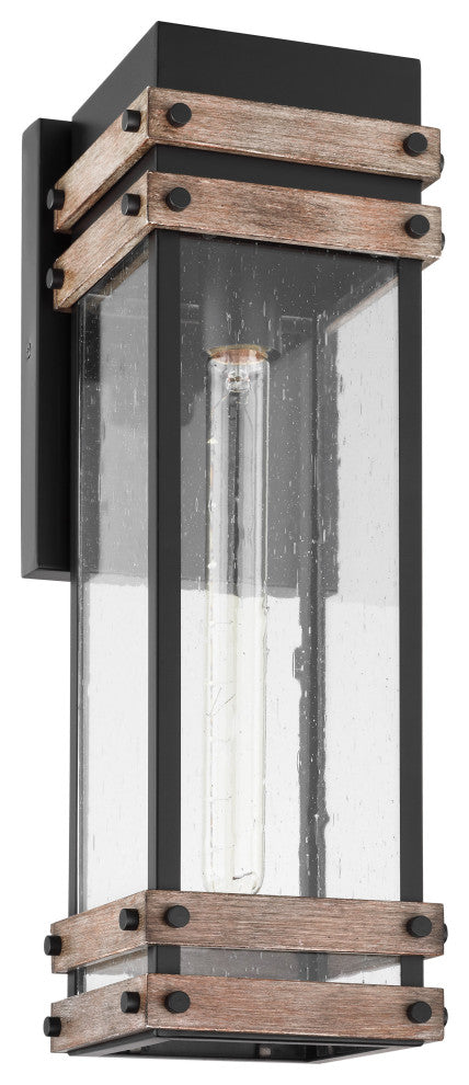 Homestead 1-Light Large Wall Lantern, Matte Black/Wood/Clear Seed