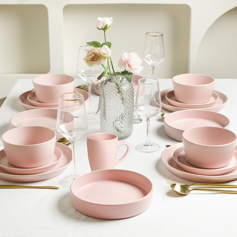 Stone Lain Albie Stoneware 20 Piece Dinnerware Set With Pasta Bowls, Pink