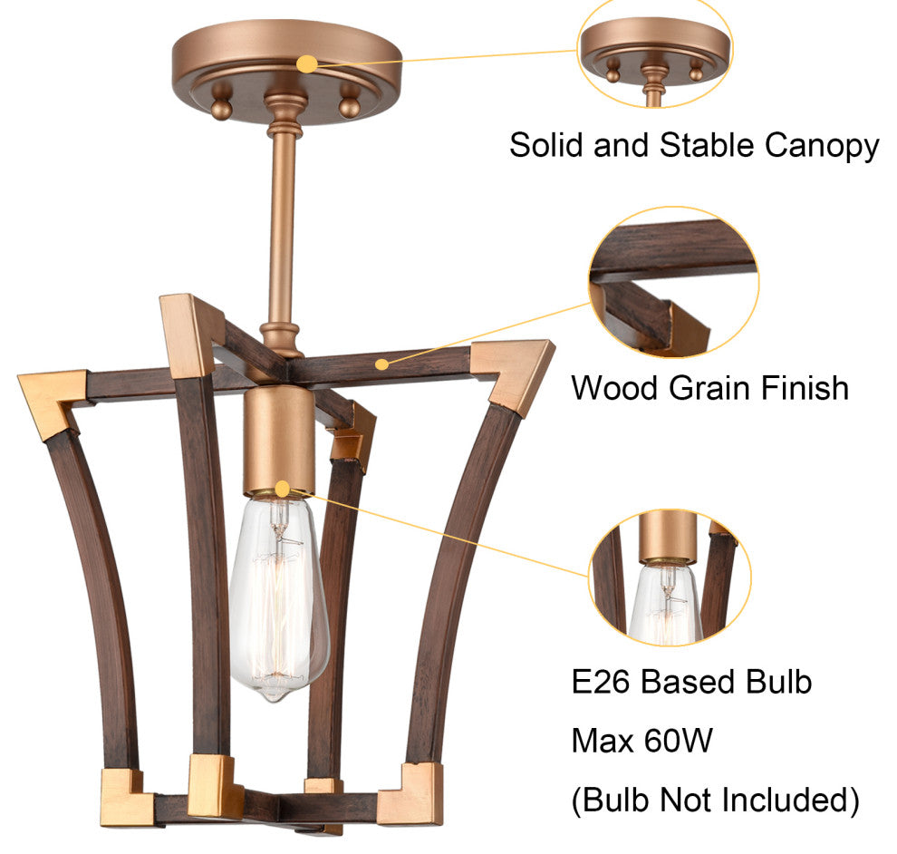 Farmhouse Semi Flush Ceiling Light Rustic Wood Grain Finish