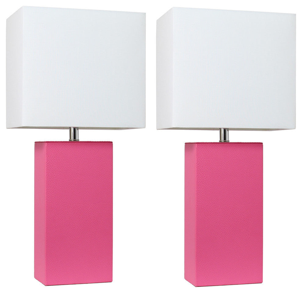 Elegant Designs Set of 2 Modern Leather Table Lamps White Fabric Shades Hot Pink
