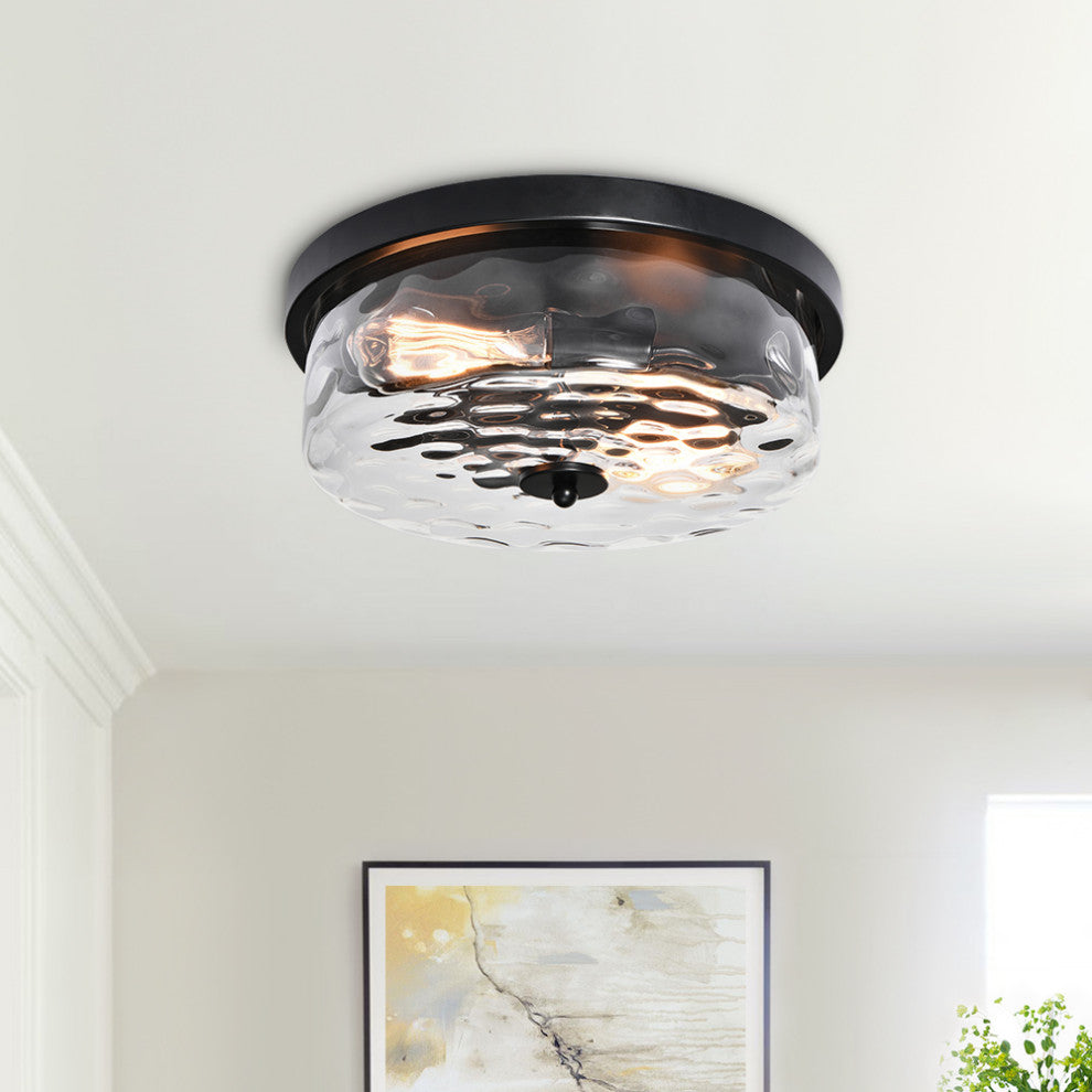 2-Light Water Glass Shaded Drum Flush Mount