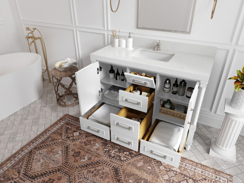 Aberdeen 48 Single Sink Bath Vanity in White 2" Calacatta Nuvo