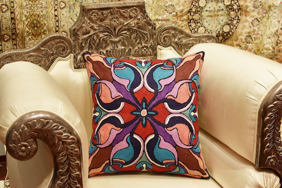 Mosaic Floral Pillow Cover Decorative Stained Glass I Wool Handmade Wool 18x18"