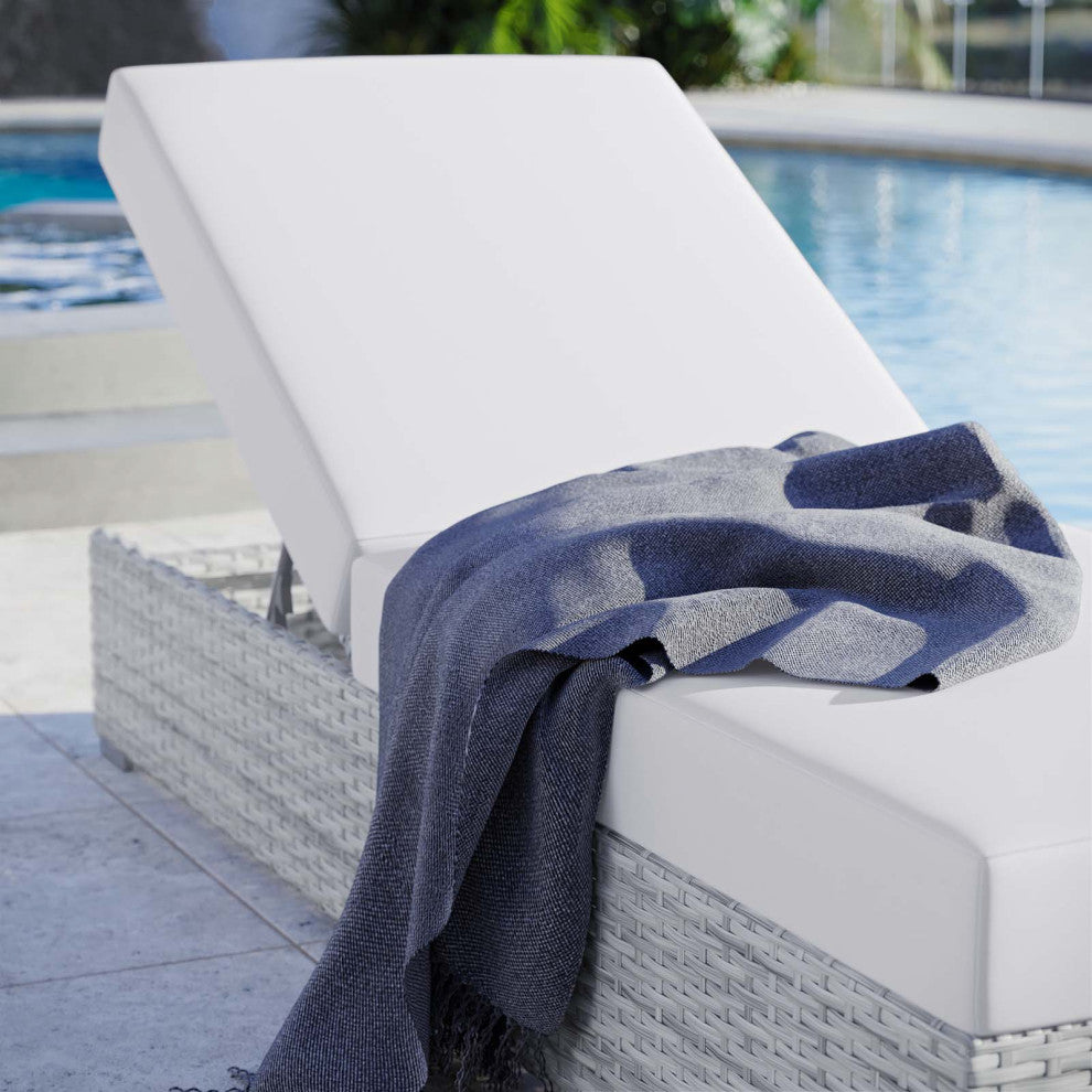 Lounge Chair Chaise, Rattan, Wicker, Gray White, Modern, Outdoor Patio Cafe