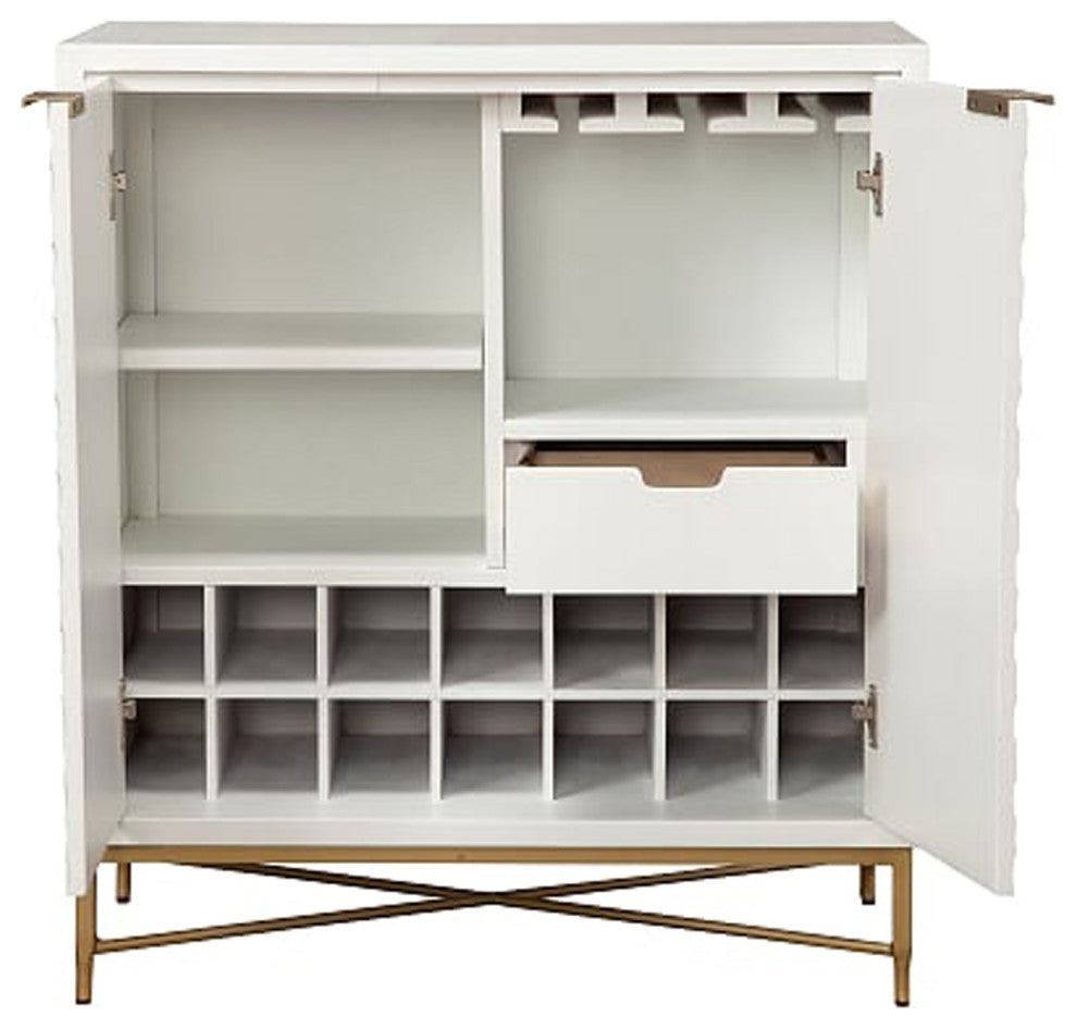 Benzara BM206689 Honeycomb Design 2 Door Bar Cabinet With Metal Legs, White