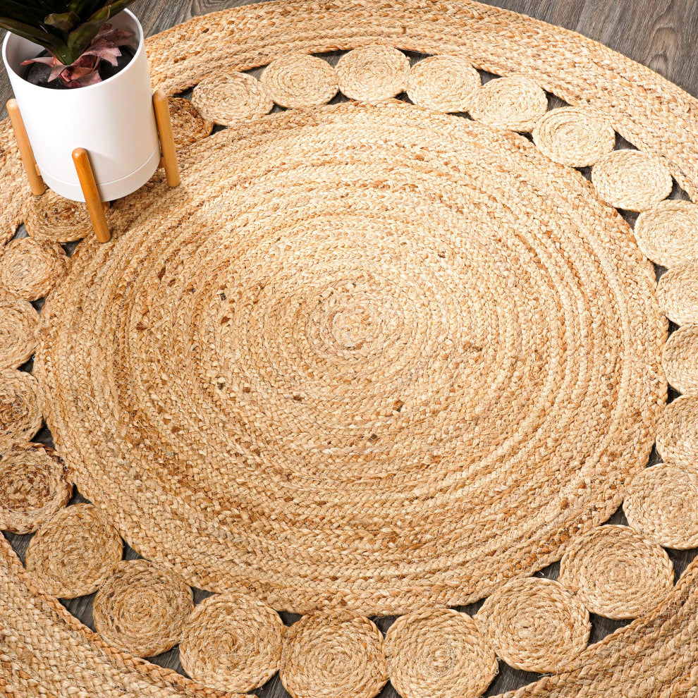 Dahlia Round Natural Jute Boho Circle Round Area Rug, Natural, 4' Round