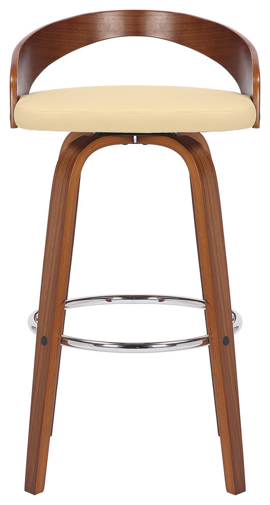 Sonia Swivel Faux Leather and Wood Stool, Cream/Walnut, Bar Height 30"