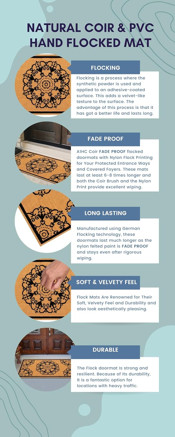 A1HC Natural Coir Flock Door Mat for Front Door, 36x72, Durable Entrance Doormat