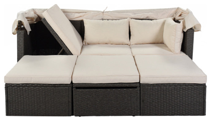 Outdoor Patio Rectangle Daybed With Retractable Canopy Wicker Furniture Sectiona