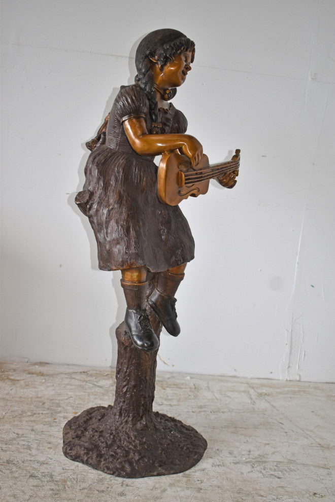 Girl on a Tree Playing the Ukulele With a Parrot Bronze Statue 25" x 23" x 50"