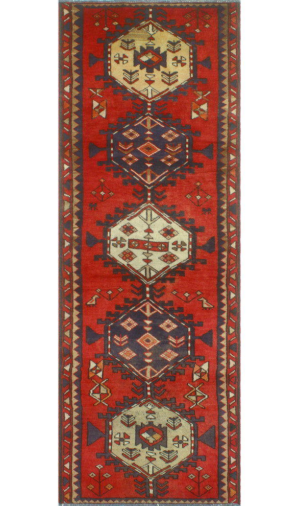 Fine Vintage Distressed Faris Rust/Navy Runner, 3'5x9'9