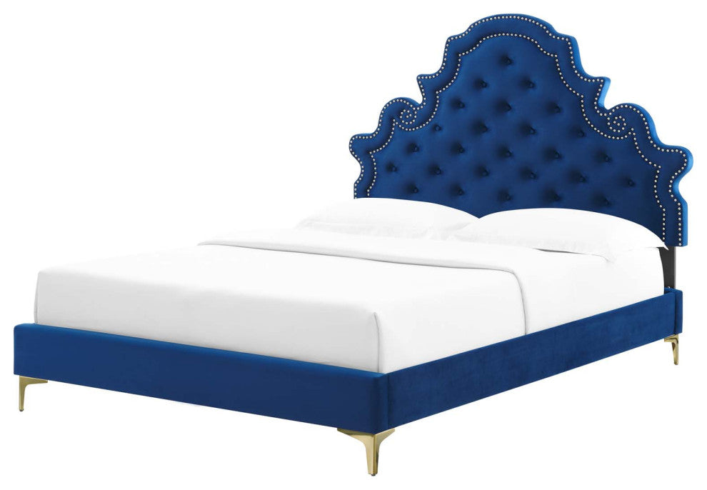 Tufted Platform Bed Frame, Twin Size, Velvet, Blue Navy, Modern Contemporary