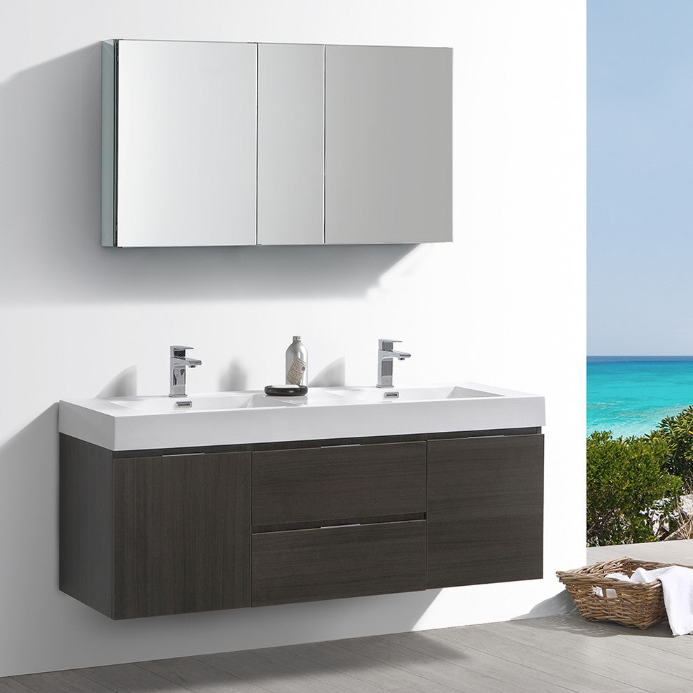 Valencia 60" Gray Oak Wall Hung Double Sink Vanity, Cabinet, Faucet FFT1040CH