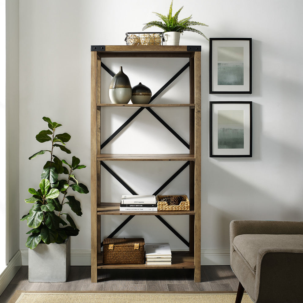 64" Farmhouse Metal X Bookcase, Rustic Oak