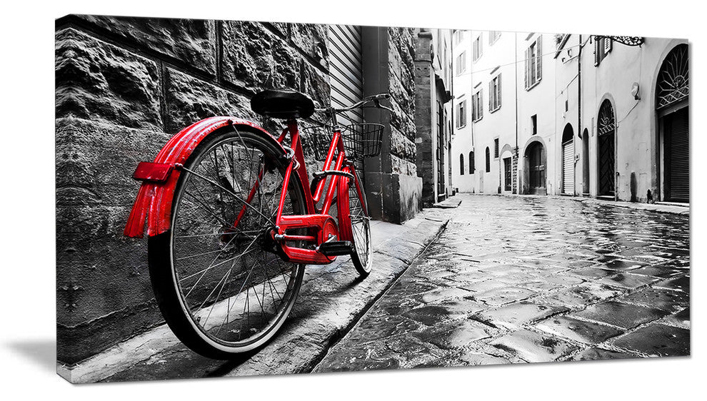 "Retro Vintage Red Bike" Cityscape Canvas Photo Print, 1 Panel, 60"x28"
