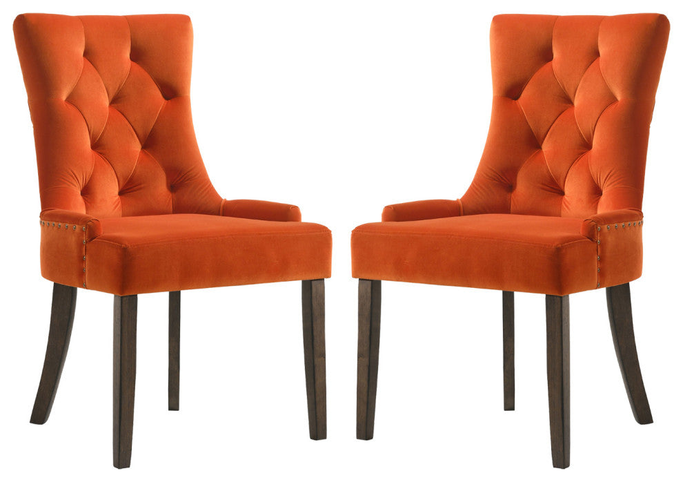 Set of 2 Orange Velvet Side Chair, Espresso Finish