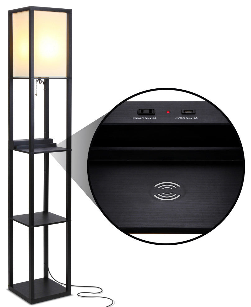 Brightech Maxwell Shelf Floor Lamp With Wireless Charging, Black