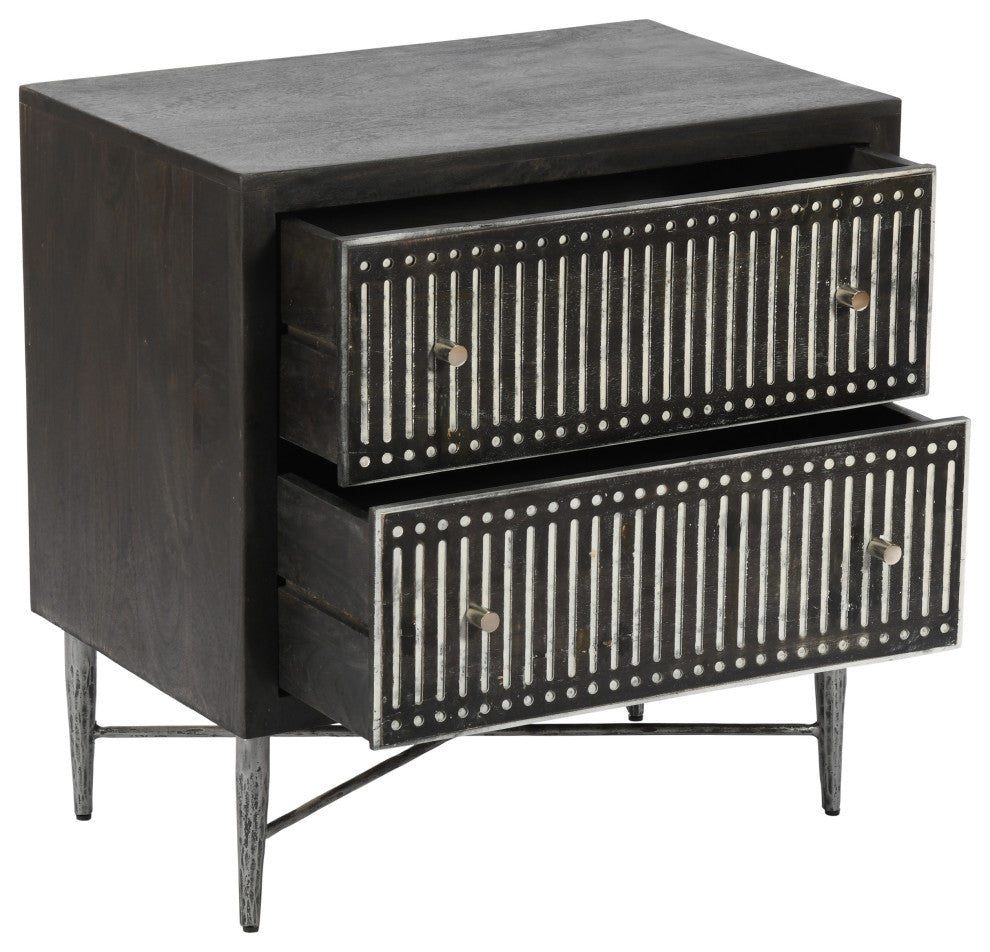 Sarah 2 Drawer Nightstand, Mango Solid Wood Antique Brown Finish on Iron Base