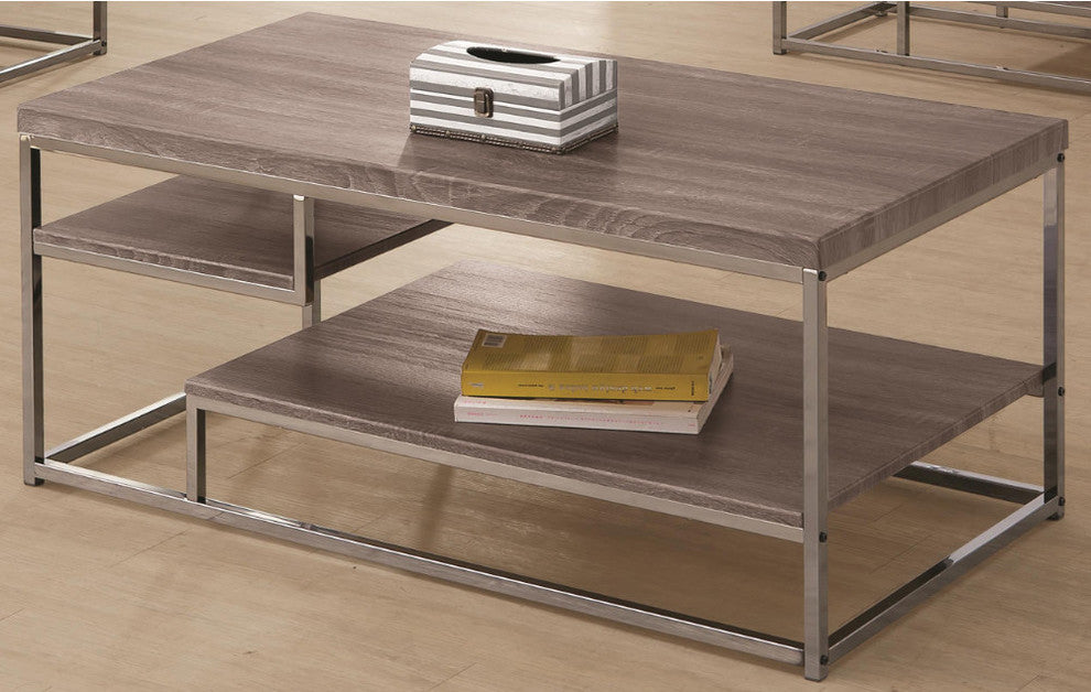 Contemporary Style Wooden Metallic Coffee Table With Two Shelves, Gray
