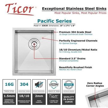 16" Zero Radius Undermount 16-Gauge Stainless Steel Kitchen and Bar Sink, Sink W
