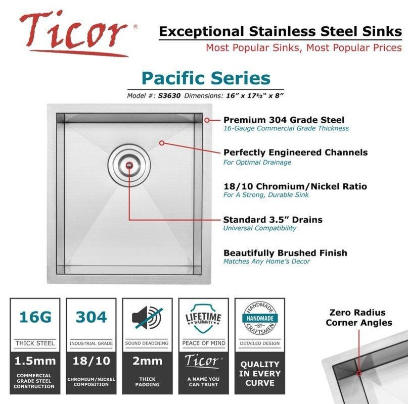 16" Zero Radius Undermount 16-Gauge Stainless Steel Kitchen and Bar Sink, Sink W