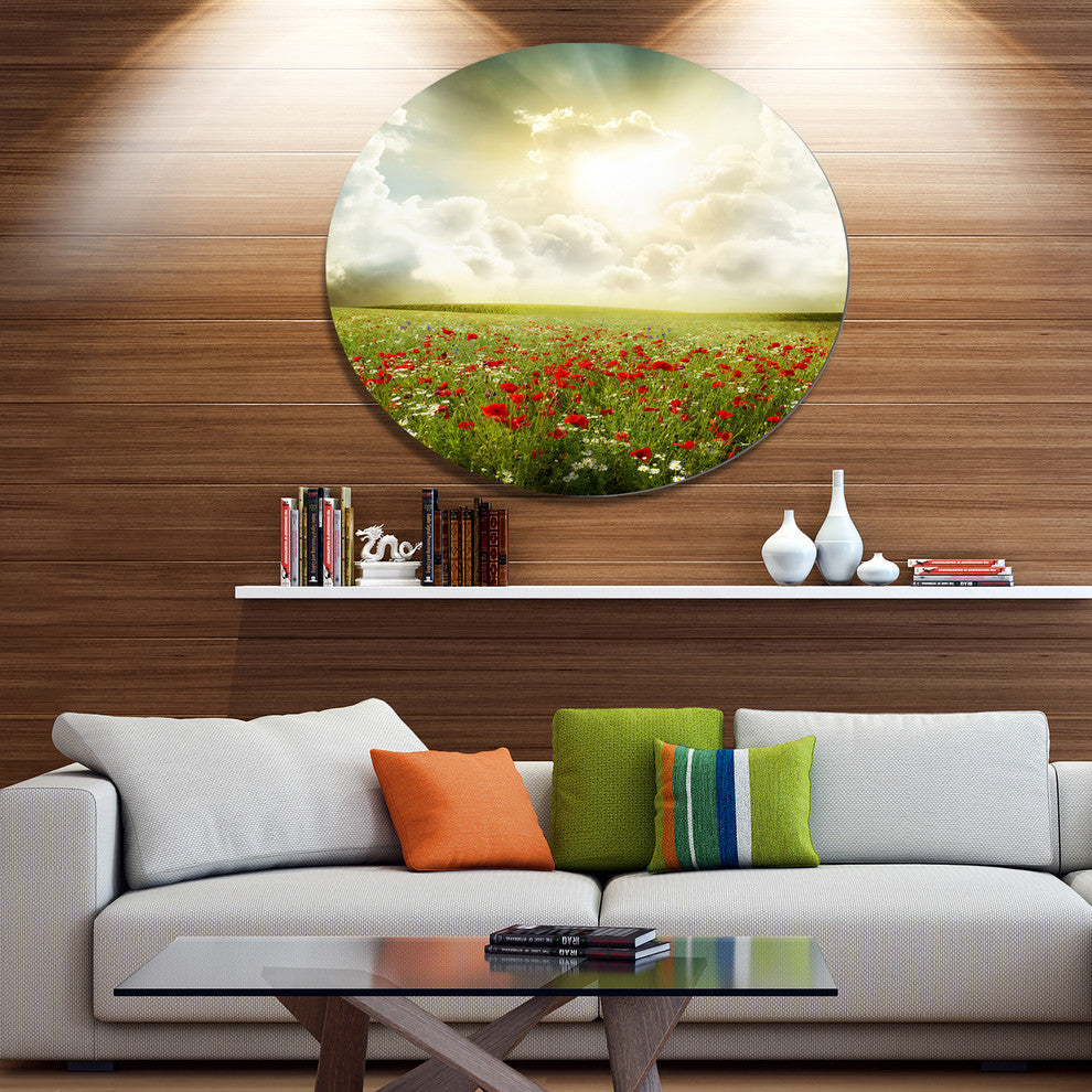 Dramatic Sky Over Poppy Field, Landscape Round Wall Art, 11"