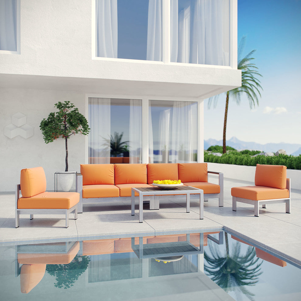 Shore 5-Piece Outdoor Aluminum Sectional Sofa Set, Silver Orange