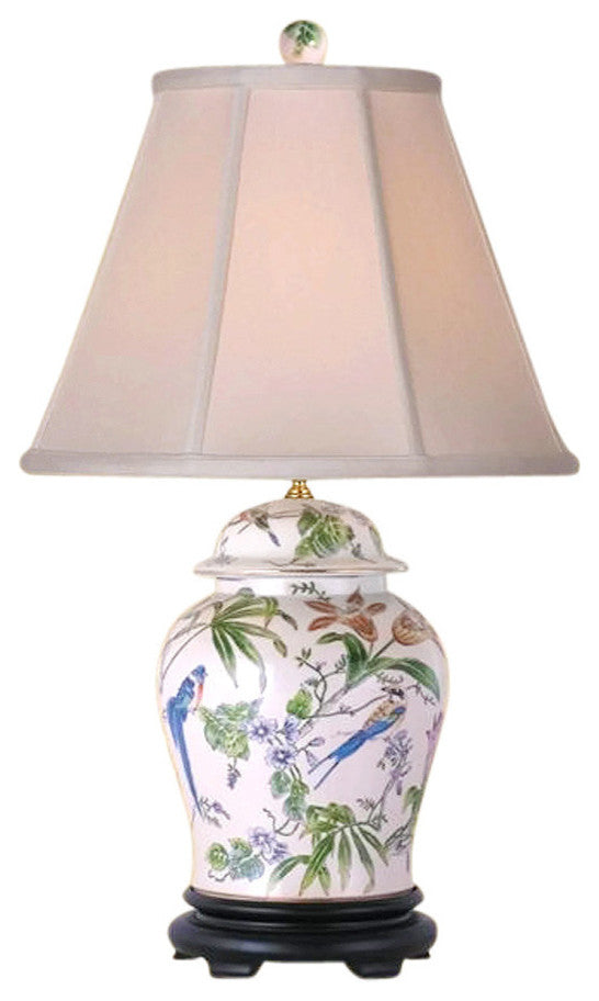 Chinese Porcelain Bird and Floral Motif Temple Jar Table Lamp 29"