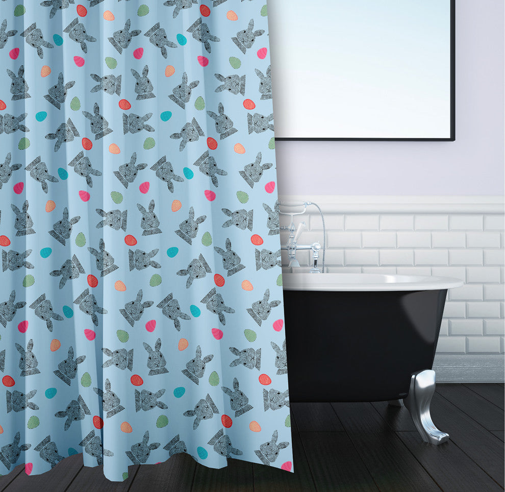 70"Wx73"L Bunnies and Eggs Shower Curtain, After Rain Blue