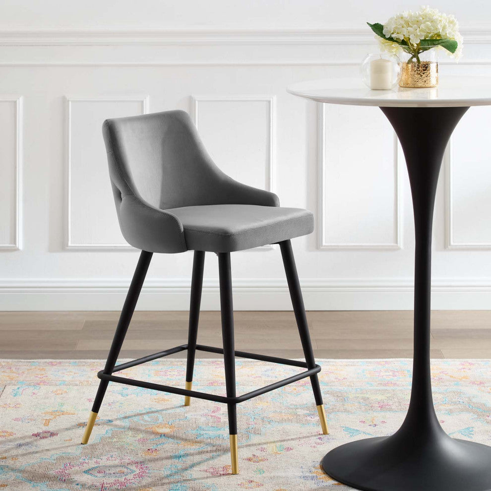 Counter Stool Chair, Velvet, Gray, Modern, Bar Pub Cafe Bistro Restaurant