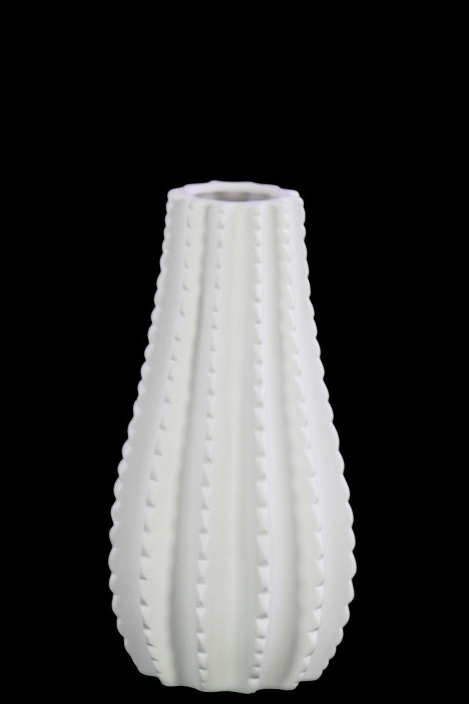 Bellied Round Vase, Patterned and Beaded Design Body, Small, White