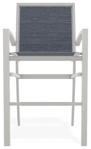 Kendall Sling Bar Height Stackable Outdoor Stool, Augustine Denim/Snow