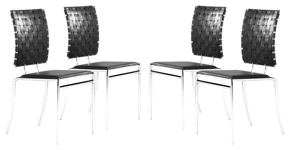 Set of Four Black Faux Leather and Steel Modern Basket Weave Dining Chairs