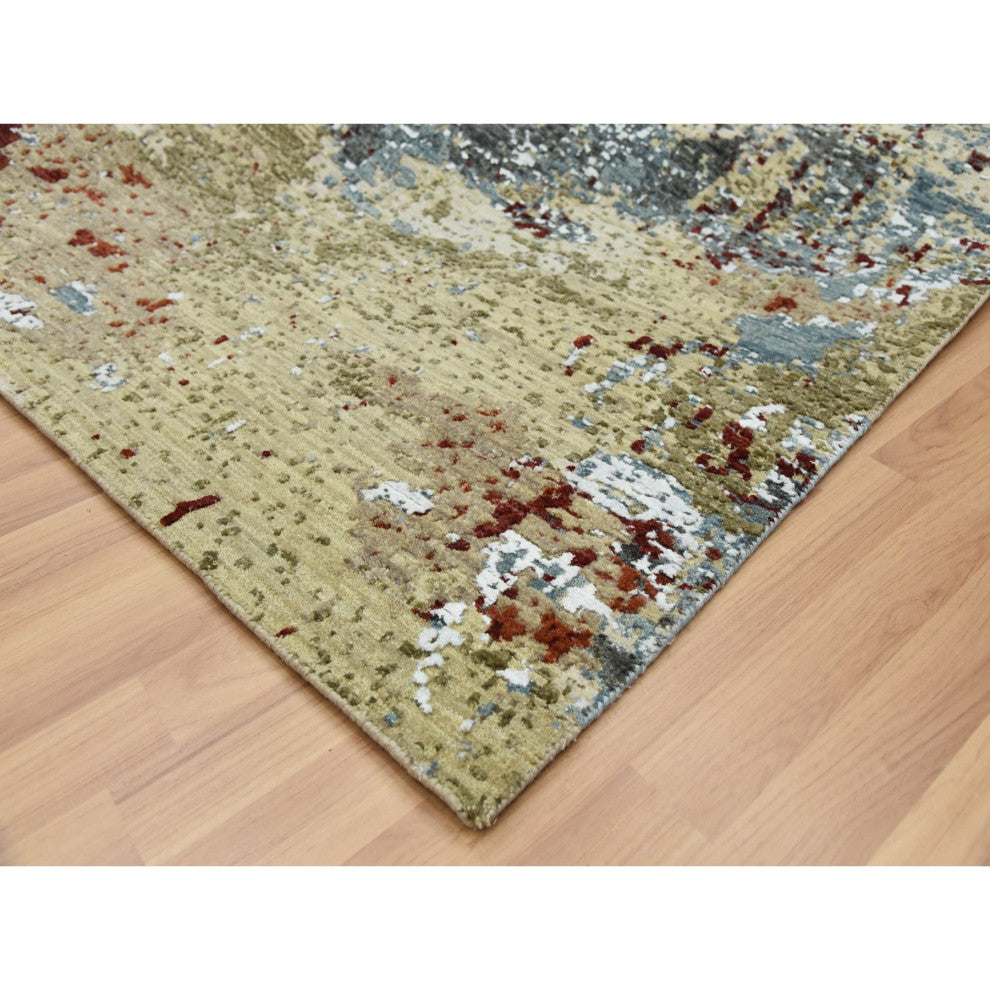 Parchment Color, Hand Knotted Abstract Design, Soft Wool Square Rug, 8'0"x8'5"