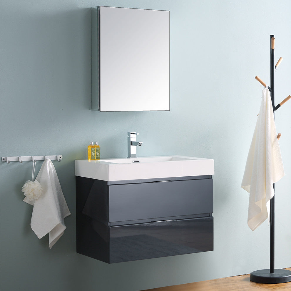 Valencia 30" Dark Slate Gray Wall Hung Vanity Set, Cabinet, Faucet, FFT3071CH