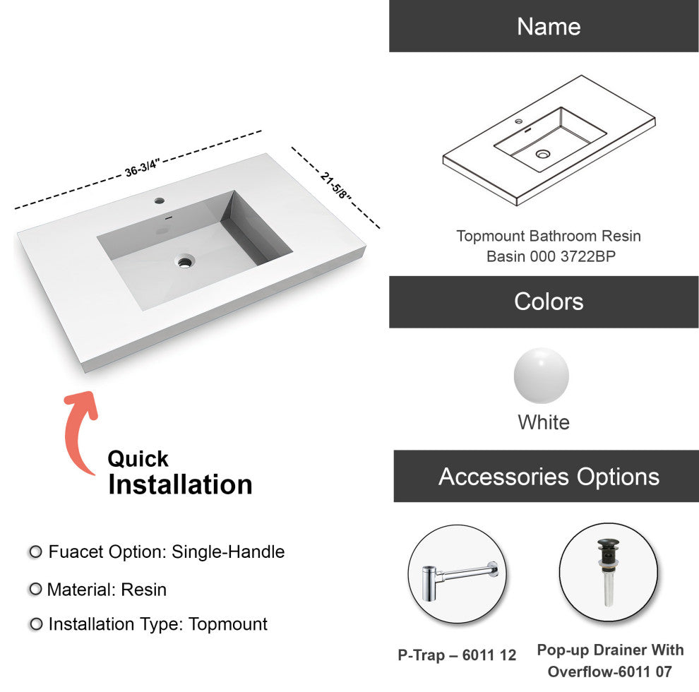 Dowell 22" FTB Resin Bathroom Vanity Basin, White, 36wx22dx6h