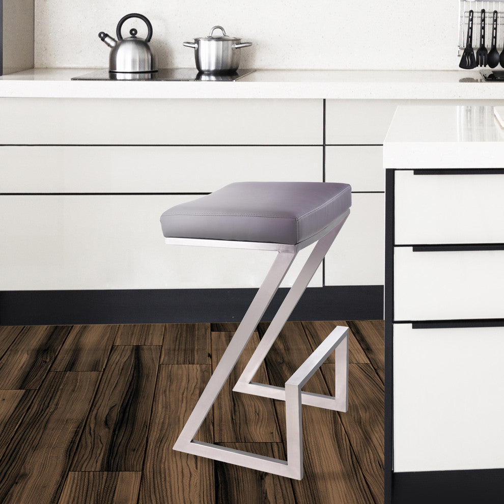 Olan 26" Backless Counterstool, Brushed Stainless Steel With Gray Faux Leather