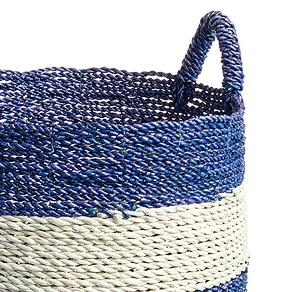 Set 2 Coastal Casual Blue White Stripe Tall Hamper Tote Baskets Large Handles
