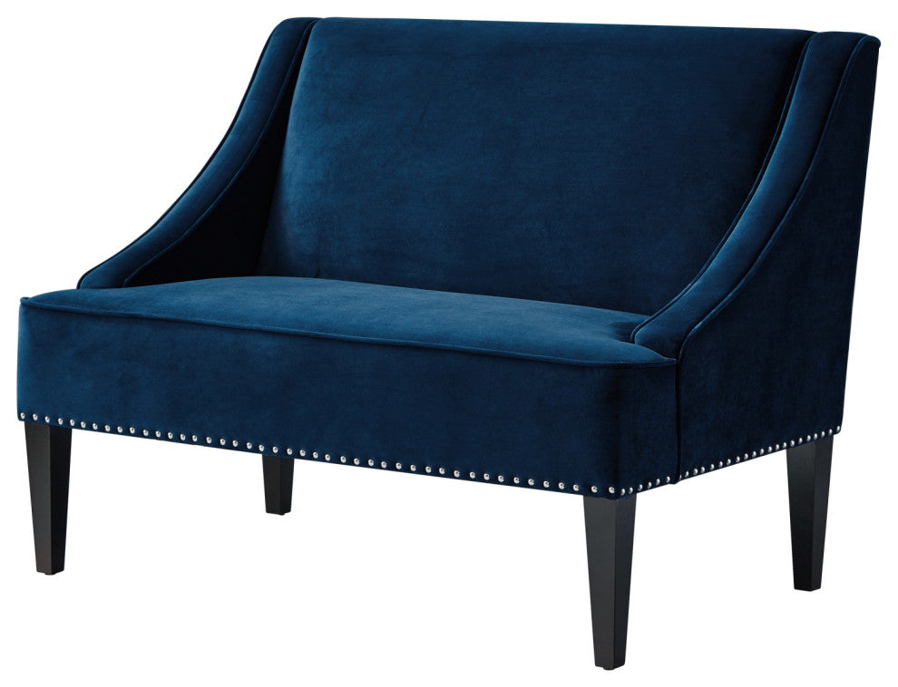 45" Navy Blue And Brown Upholstered Velvet Bench