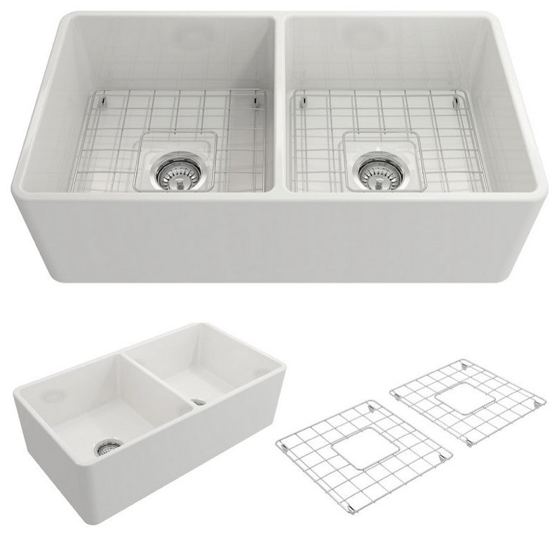 BOCCHI 1139-001-2020SS Farmhouse Fireclay 33 Inch Double Bowl Kitchen Sink Kit