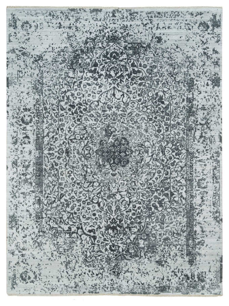 Ice Gray Wool and Silk Broken Design Hand Knotted Oriental Rug, 9'x12'2"