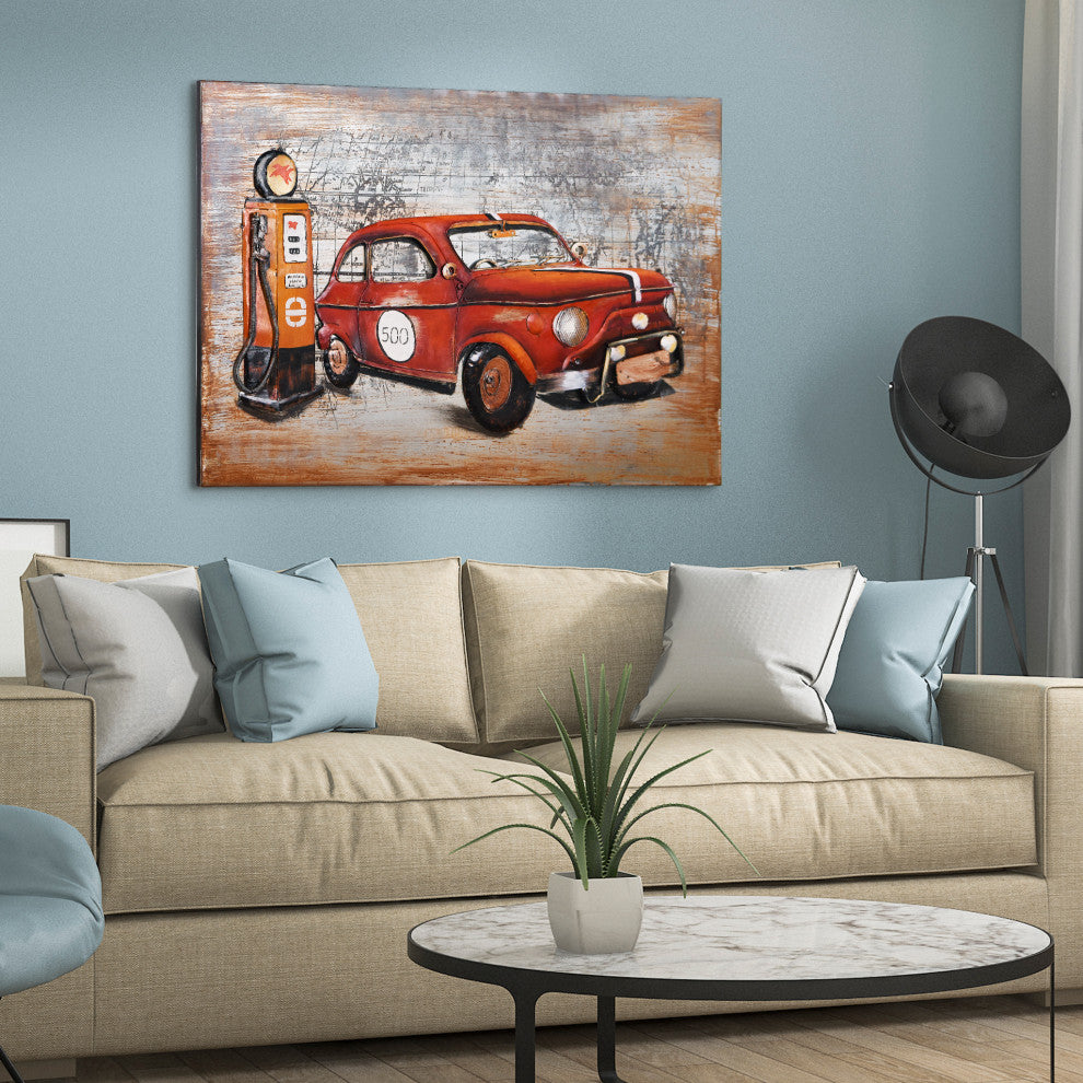 "Red Car" Mixed Media Iron Hand Painted Dimensional Wall Art