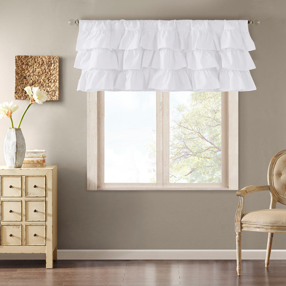 Madison Park Anna Oversize Ruffle White Window Curtain, Valance