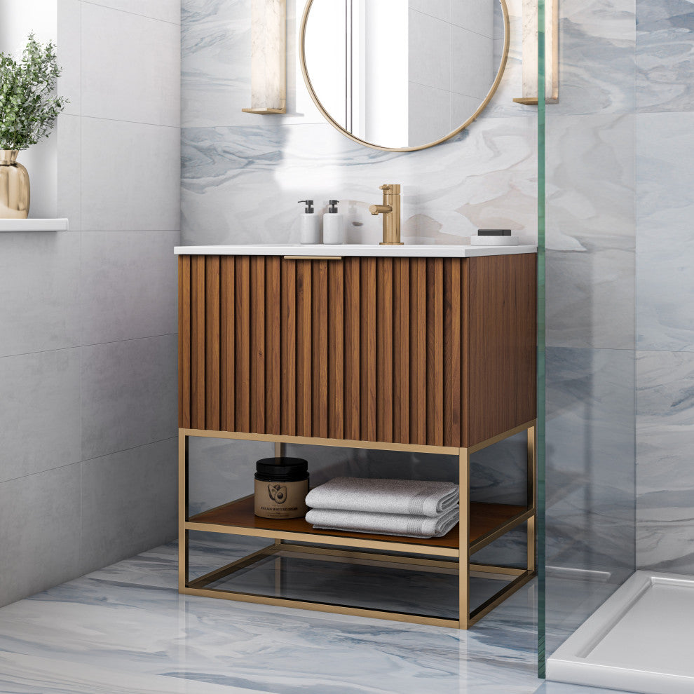 Terra Bathroom Vanity, Walnut/Satin Brass With White Quartz, 30", White Quartz Top