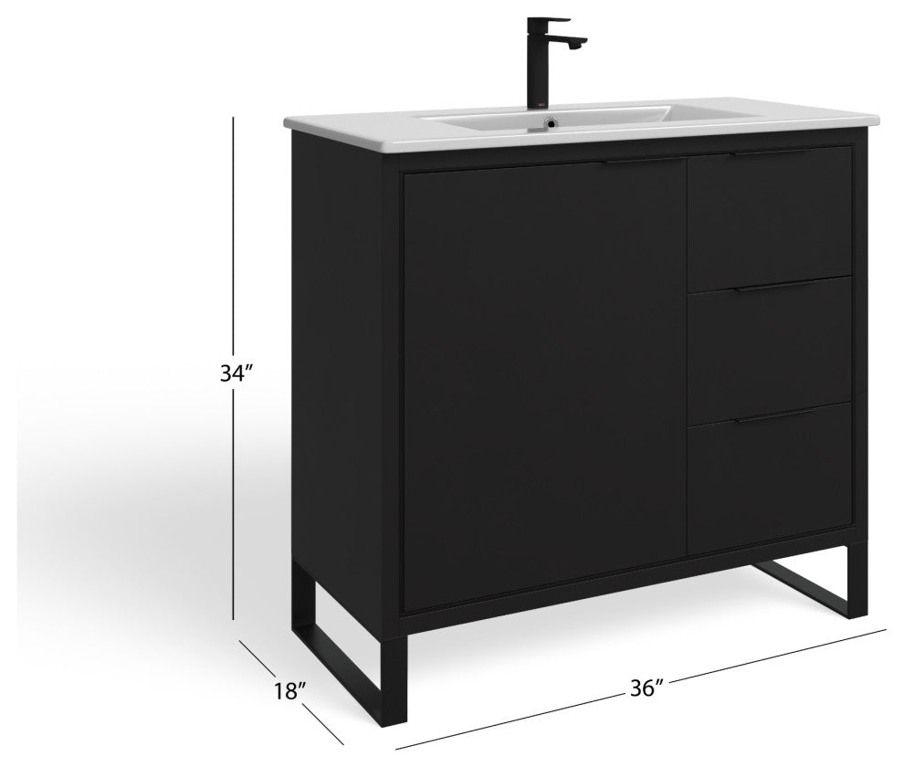 Bradford Bath Vanity, Black, 36", Black Hardware, Single Sink, Freestanding