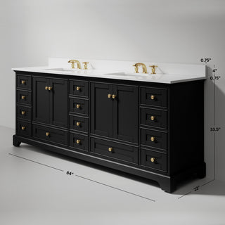 Audrey Vanity Set, Black Onyx, 84", Gold Hardware, White Quartz Top