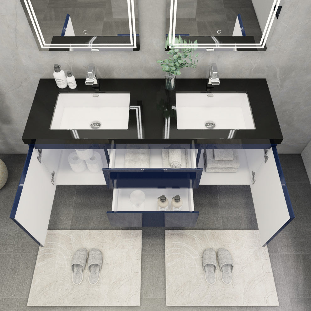 Belli 60" Double Sink Wall Mount Vanity Set, High Gloss Blue, Matt Black Top